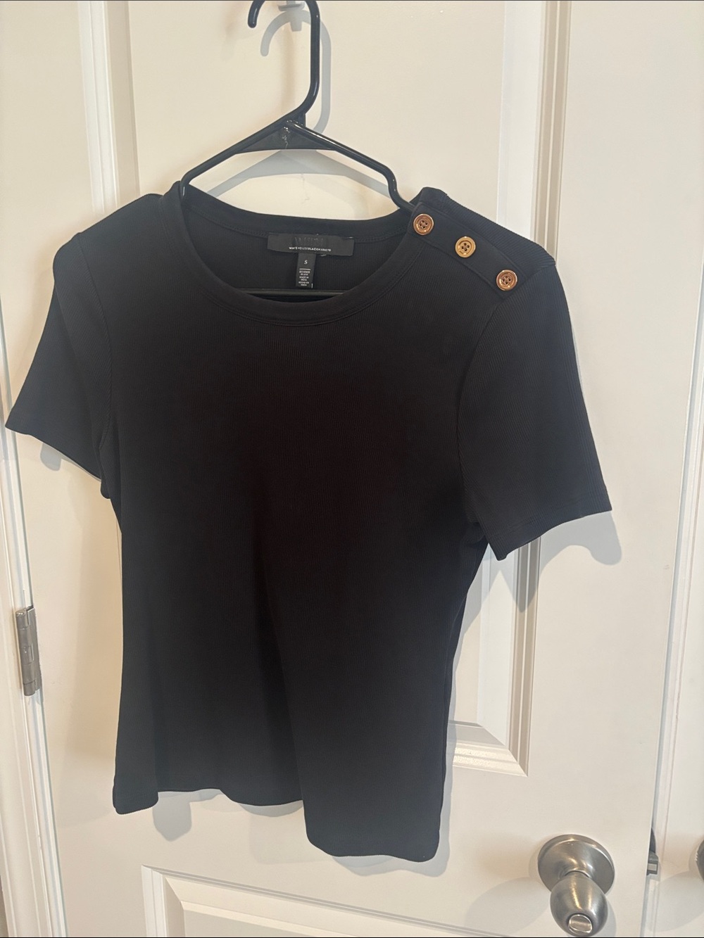 White House Black Market Black Short-Sleeve Top with Gold Shoulder Buttons